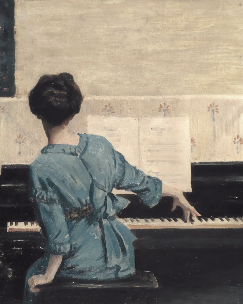 Antique Woman Portrait Oil Painting, Vintage Piano Music Wall Art Print ...