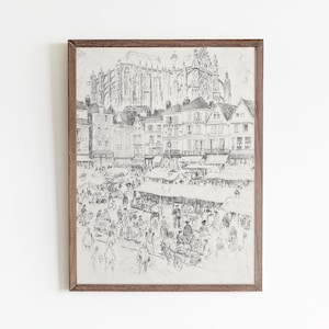 Vintage French market drawing, architecture sketch print, Paris wall art sketch, minimalist sketch print, neutral vintage sketch art