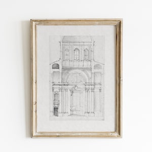 May include: A black and white architectural drawing of a building with a dome, framed in a light wood frame.