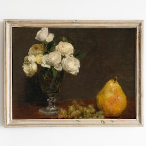 Vintage Floral Still Life Painting: Roses, Grapes & Pear (Digital Download)