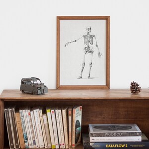 May include: A wooden shelf with a framed print of a human skeleton, a small toy car, two pine cones, and a row of books. The books include titles like "Woodcut" and "Data Flow 2".