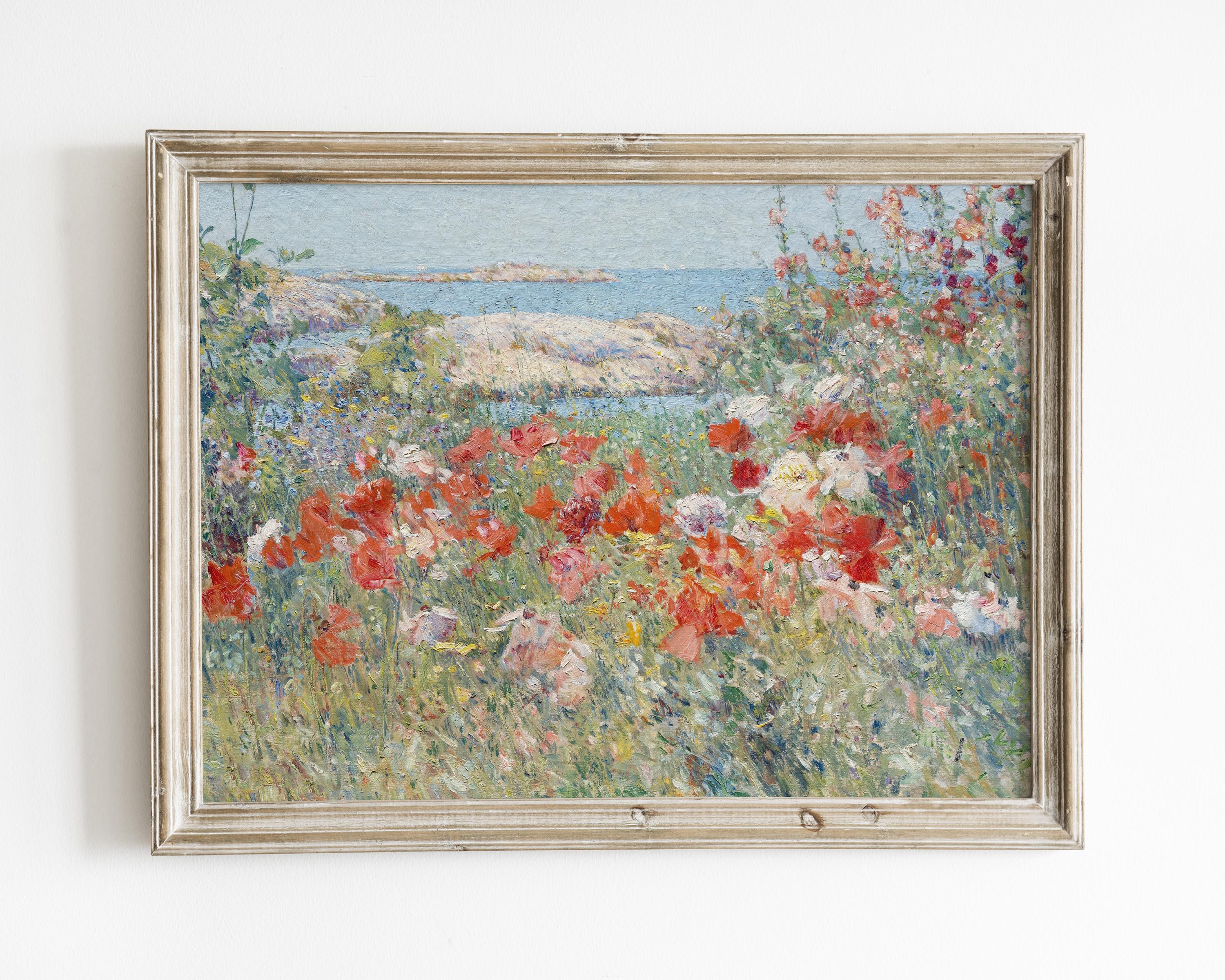 Vintage Flower Garden Island Landscape Art Print | Digital Download | Cottagecore Wall Art | Botanical Nature Painting | Instant Decor