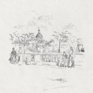 May include: A black and white pencil sketch of a city scene with a domed building in the background and people walking along a stone wall.