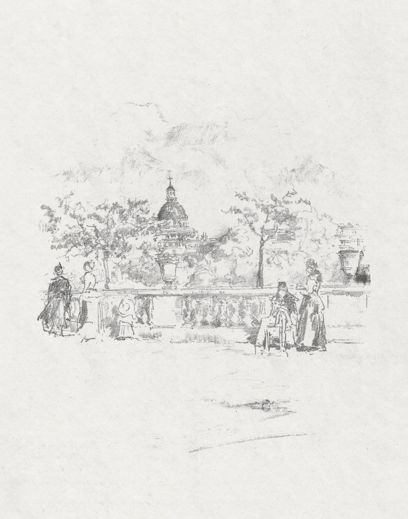 May include: A black and white pencil sketch of a city scene with a domed building in the background and people walking along a stone wall.