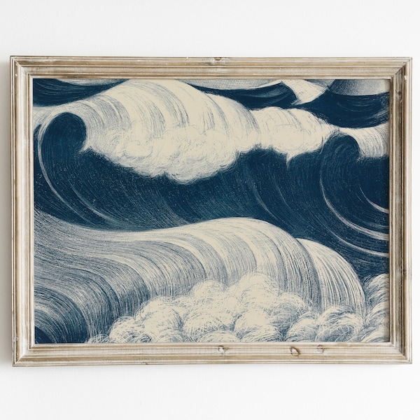 Ocean waves painting, vintage seascape print, vintage ocean wall art, beach home decor, printable ocean wall decor