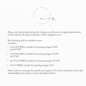May include: Text explaining that purchasing this listing will result in a digital reproduction of the artwork. No physical product will be shipped. The listing includes four JPEG files in different sizes, suitable for printing images in various dimensions: 8x10 inches, 16x20 inches, 12x18 inches, 4x6 inches, 11x14 inches, and 5x7 inches. The text also encourages buyers to contact the seller for specific size requests.