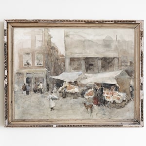 Vintage architecture watercolor print, village landscape, French country decor, neutral art, rustic watercolor painting, antique painting