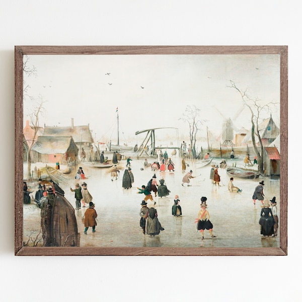 Christmas village painting, ice skating art print, vintage winter prints, antique holiday wall art, winter landscape scene prints, printable