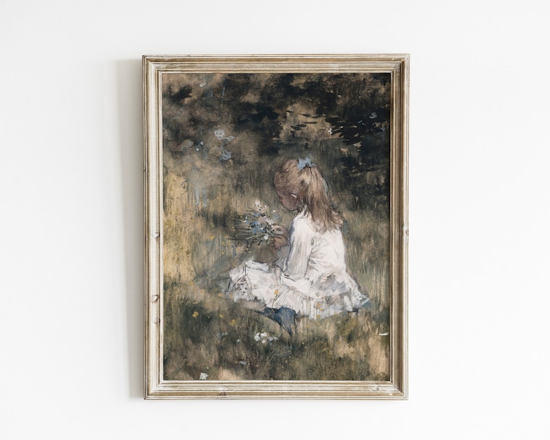 May include: A framed painting of a young girl in a white dress sitting in a field of flowers. The painting is done in a soft, muted palette of browns, greens, and blues.