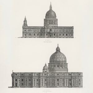 Peut inclure: Une gravure en noir et blanc de deux dessins architecturaux de la cath&eacute;drale Saint-Paul de Londres et de la basilique Saint-Pierre de Rome. Les dessins montrent l'&eacute;l&eacute;vation de la fa&ccedil;ade sud de Saint-Paul et l'&eacute;l&eacute;vation de la fa&ccedil;ade nord de Saint-Pierre.