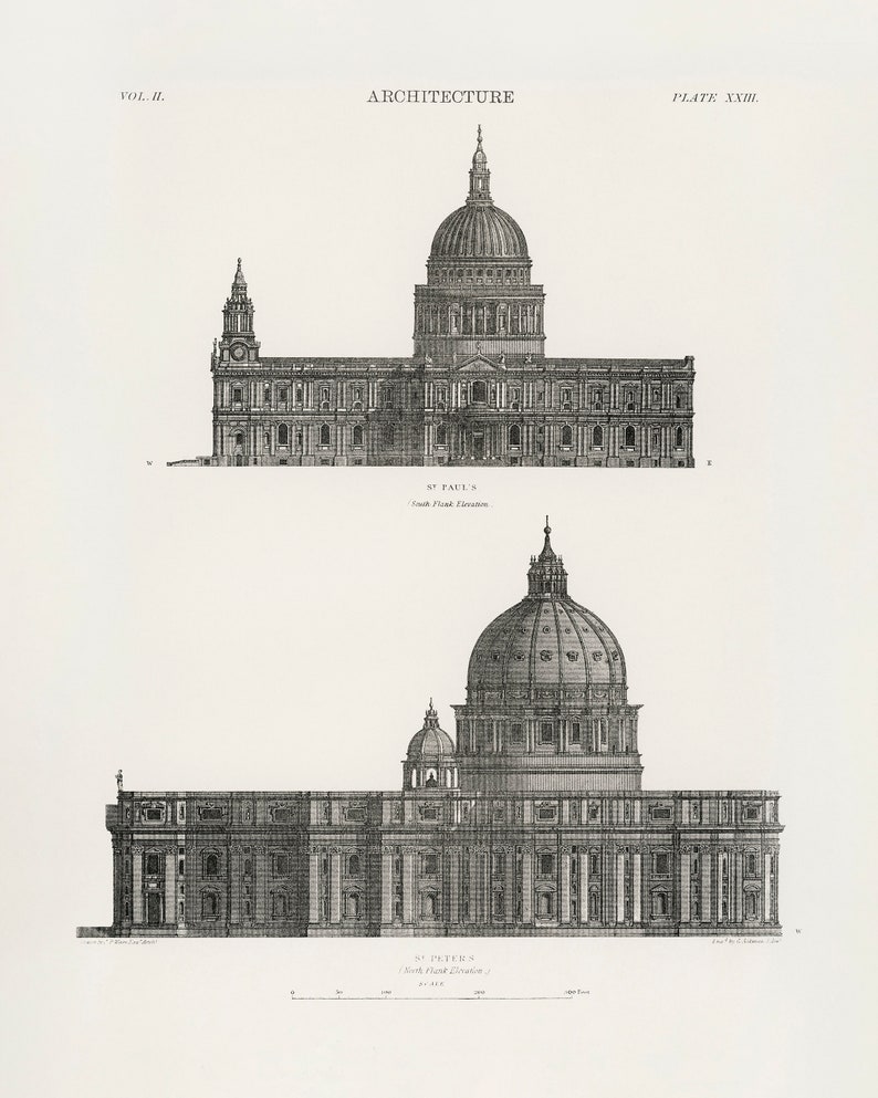 Peut inclure: Une gravure en noir et blanc de deux dessins architecturaux de la cath&eacute;drale Saint-Paul de Londres et de la basilique Saint-Pierre de Rome. Les dessins montrent l'&eacute;l&eacute;vation de la fa&ccedil;ade sud de Saint-Paul et l'&eacute;l&eacute;vation de la fa&ccedil;ade nord de Saint-Pierre.