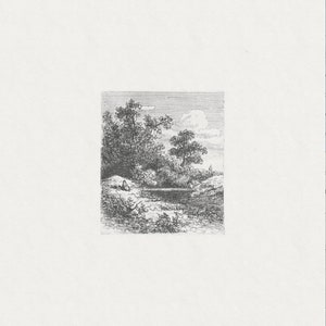 May include: A black and white drawing of a landscape with trees and a small body of water. The drawing is done in a realistic style and shows a peaceful scene.