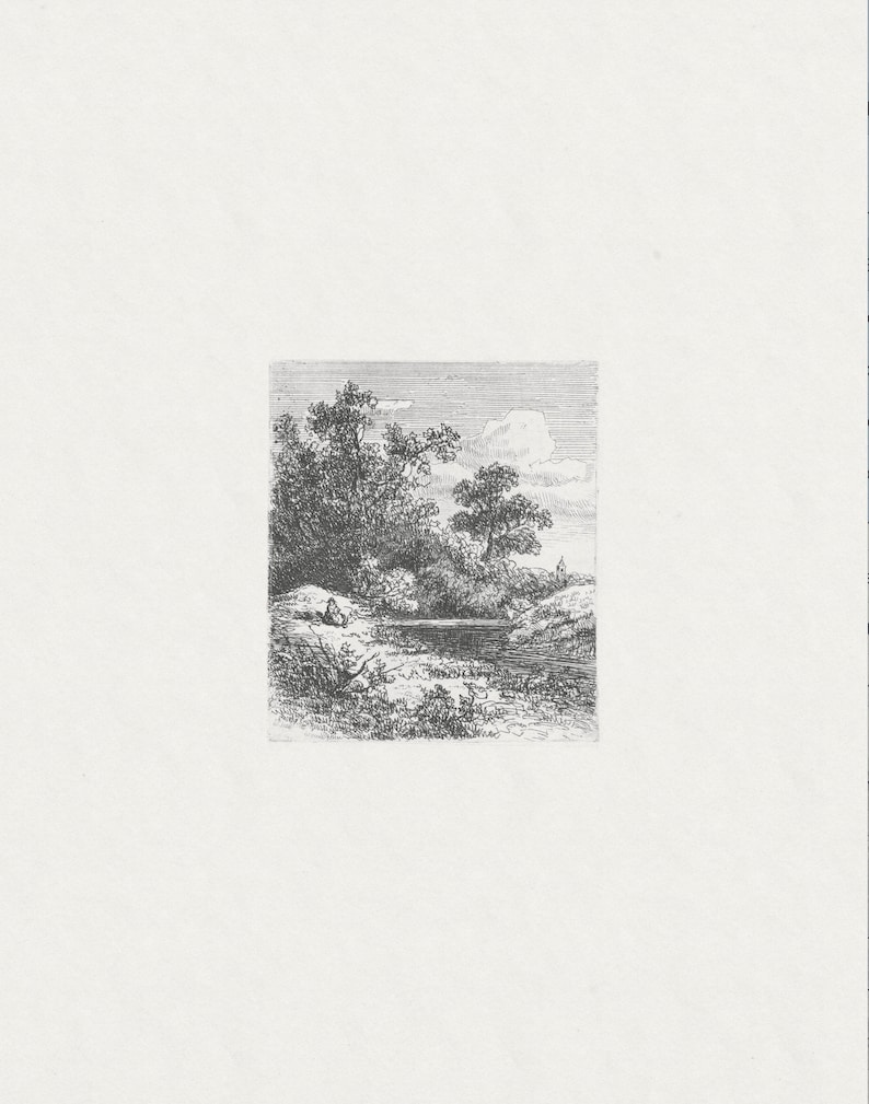 May include: A black and white drawing of a landscape with trees and a small body of water. The drawing is done in a realistic style and shows a peaceful scene.