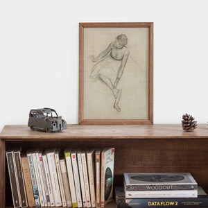May include: A wooden shelf with a framed drawing of a ballerina, a small metal car, and two pine cones. The shelf is filled with books, including one titled "Woodcut" and another titled "Data Flow 2".