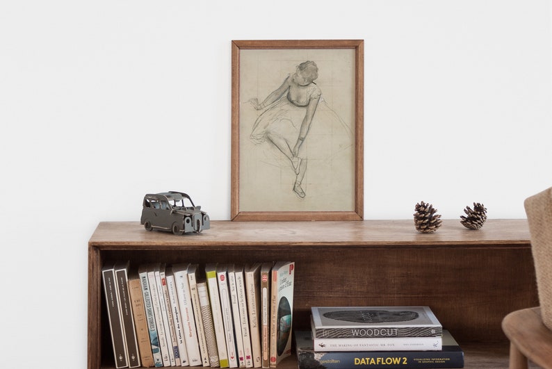 May include: A wooden shelf with a framed drawing of a ballerina, a small metal car, and two pine cones. The shelf is filled with books, including one titled "Woodcut" and another titled "Data Flow 2".