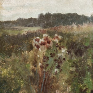 May include: A painting of a field with a forest in the background. The field is filled with tall, green grass and a cluster of pink and white flowers in the foreground.