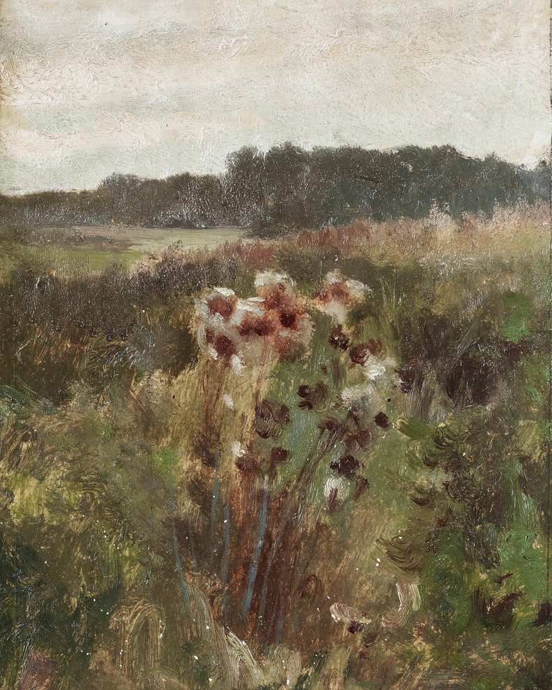 May include: A painting of a field with a forest in the background. The field is filled with tall, green grass and a cluster of pink and white flowers in the foreground.