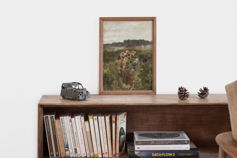 May include: A wooden shelf with a framed painting of a field of wildflowers, a small toy car, and two pine cones. The shelf is filled with books, including "The Woodcut" and "Data Flow 2".