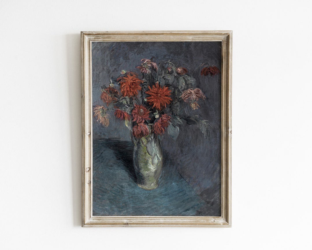 Vintage Floral Still Life Oil Painting: Moody Botanical Print (digital ...