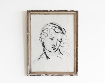 Minimalist wall art, portrait art print, vintage line drawing, woman drawing, vintage sketch art, woman portrait, abstract line art, figure