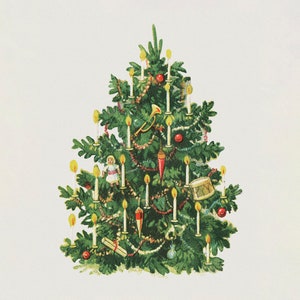 May include: A green Christmas tree decorated with white candles, red and gold ornaments, a small doll, a drum, and a trumpet.