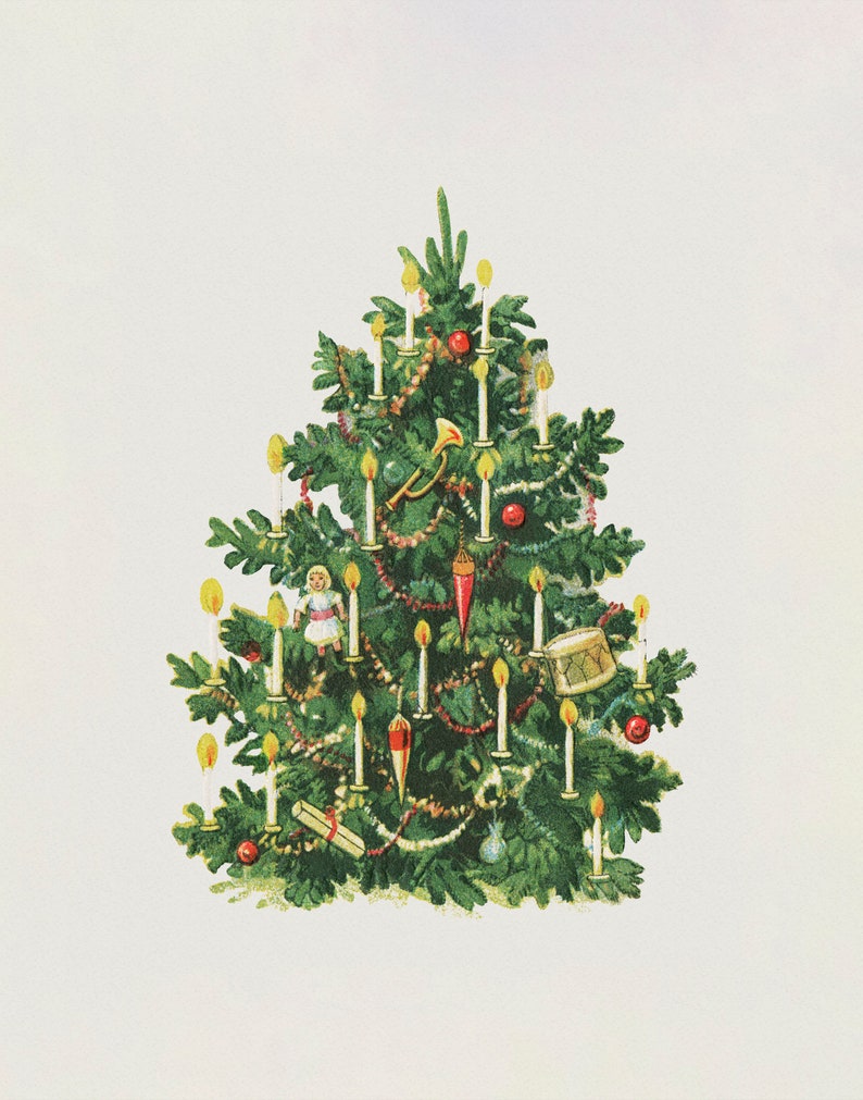 May include: A green Christmas tree decorated with white candles, red and gold ornaments, a small doll, a drum, and a trumpet.