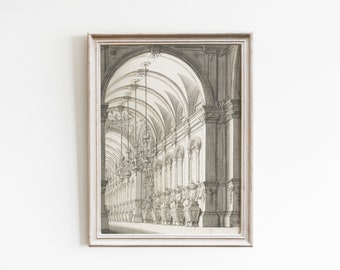Peut inclure: Une estampe en noir et blanc d'un dessin architectural d'une grande salle avec des plafonds voûtés et des colonnes. L'estampe est encadrée dans un cadre en bois clair.