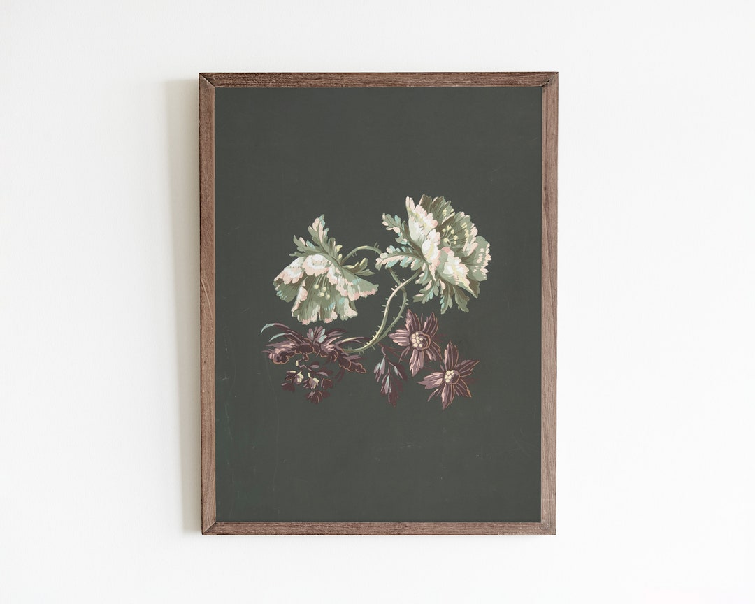 Dark Green Floral Wall Art, Abstract Flower Painting, Anemone Flower