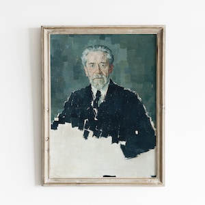 Vintage abstracte portretafdruk, man portret portret olieverfschilderij, neutraal blauwe muurkunst, antieke afdrukbare muurkunst