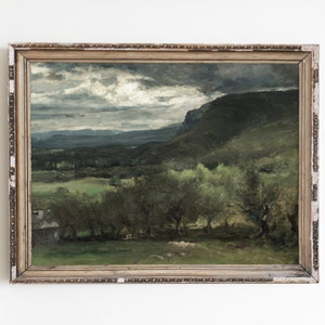 May include: A framed oil painting depicting a landscape scene with a mountain range in the background, a valley with trees and a cloudy sky.