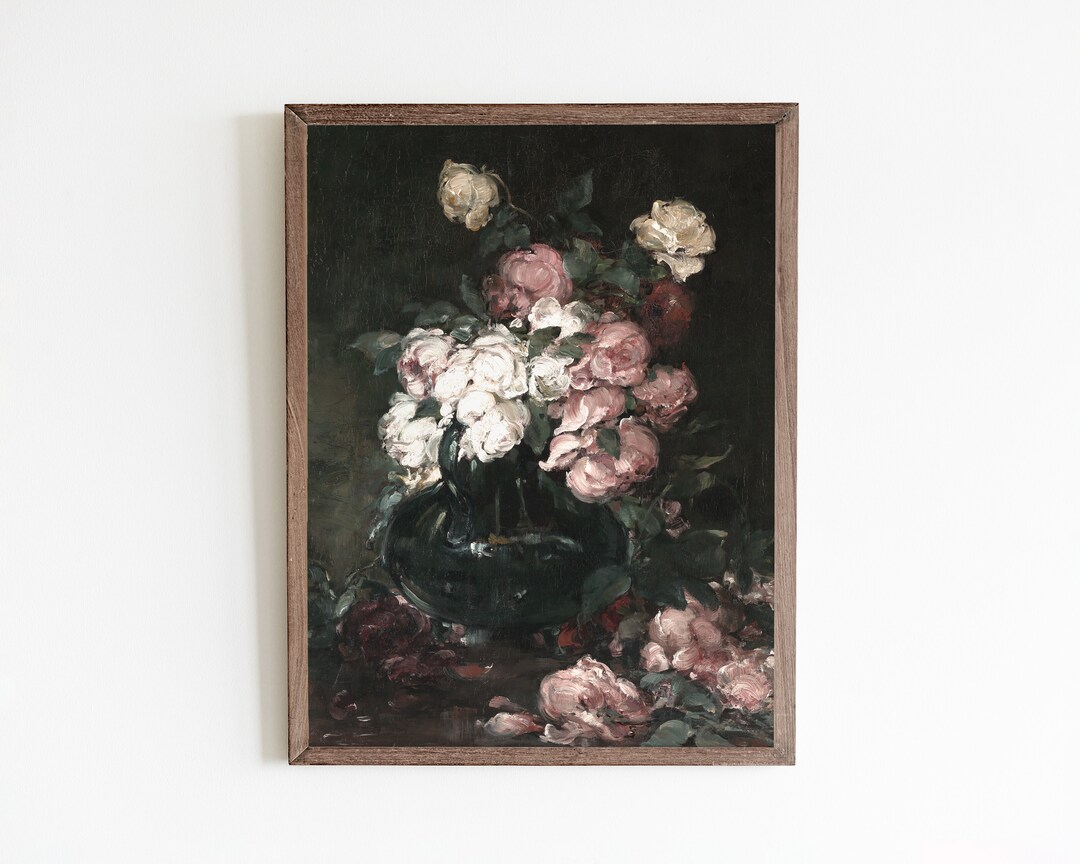 Vintage Rose Oil Painting: Moody Floral Still Life Art (digital ...
