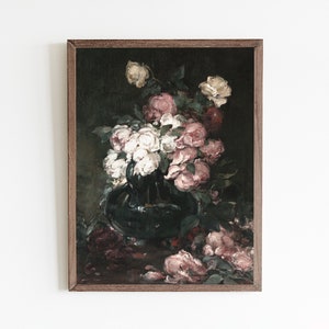 Vintage Rose Oil Painting: Moody Floral Still Life Art (Digital Download)
