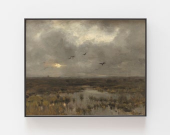 Vintage Marshland Oil Painting Print: Moody Landscape Wall Art (Digital Download)