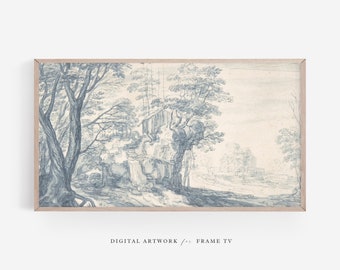 May include: A digital art print of a blue and white landscape drawing. The drawing depicts a forest scene with trees, a path, and a distant view of a building. The print is framed in a light wood frame.