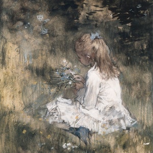 May include: A young girl in a white dress sits in a field of wildflowers, holding a bouquet of blue and white flowers. The background is a soft, blurred green and brown.