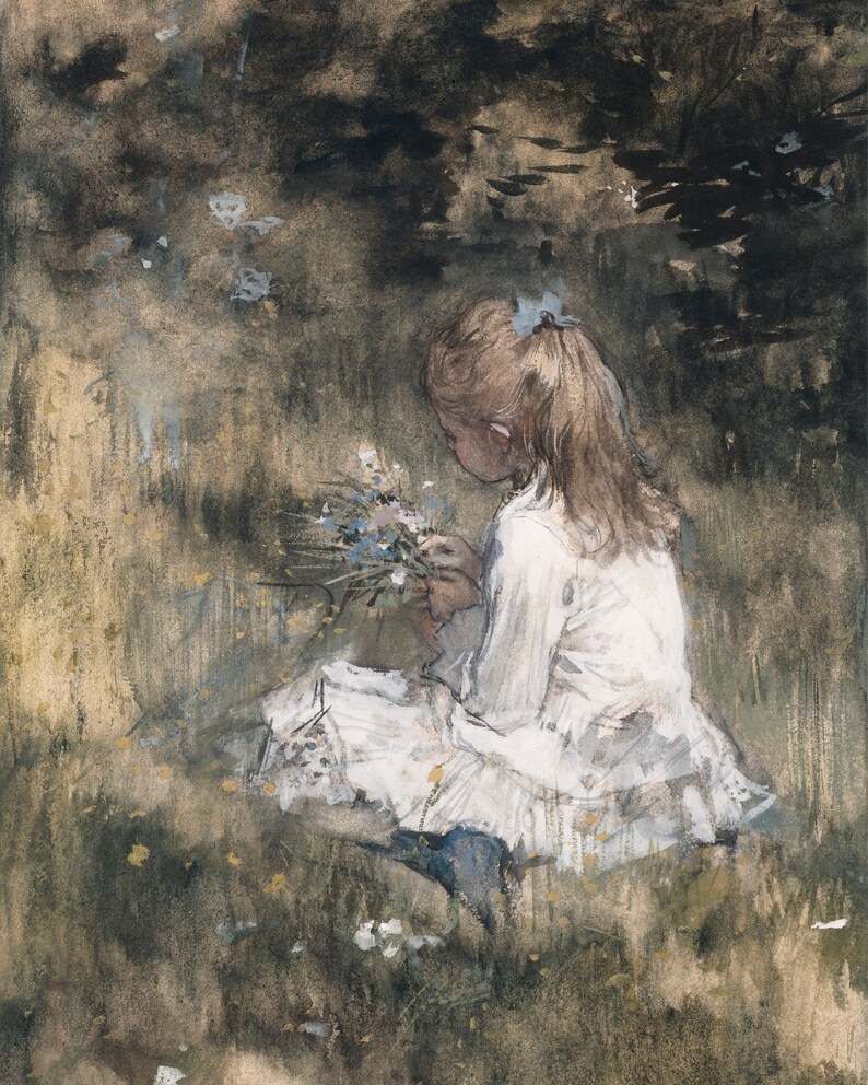 May include: A young girl in a white dress sits in a field of wildflowers, holding a bouquet of blue and white flowers. The background is a soft, blurred green and brown.
