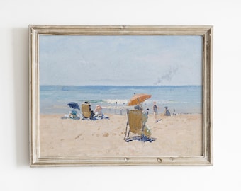 May include: A painting depicting a beach scene with people relaxing in chairs under umbrellas. The sand is pale and the sea is a vibrant blue. The sky is a light blue with clouds in the distance.