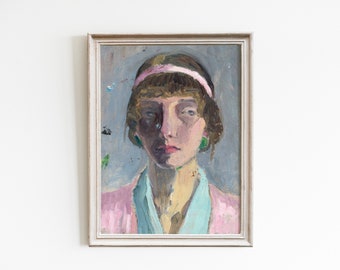 Vintage portrait art print, Minimalist wall art, vintage woman painting, woman wall art, abstract portrait art, woman portrait, colorful art