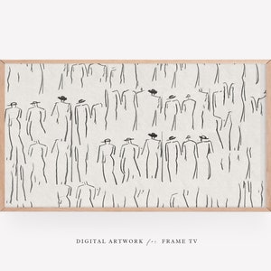 May include: Black and white line drawing of a crowd of people wearing hats. The drawing is on a textured background.
