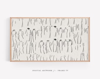 May include: Black and white line drawing of a crowd of people wearing hats. The drawing is on a textured background.