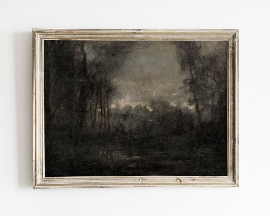 Moody Dark Forest Landscape Painting, Vintage Rustic Nature Art Print ...