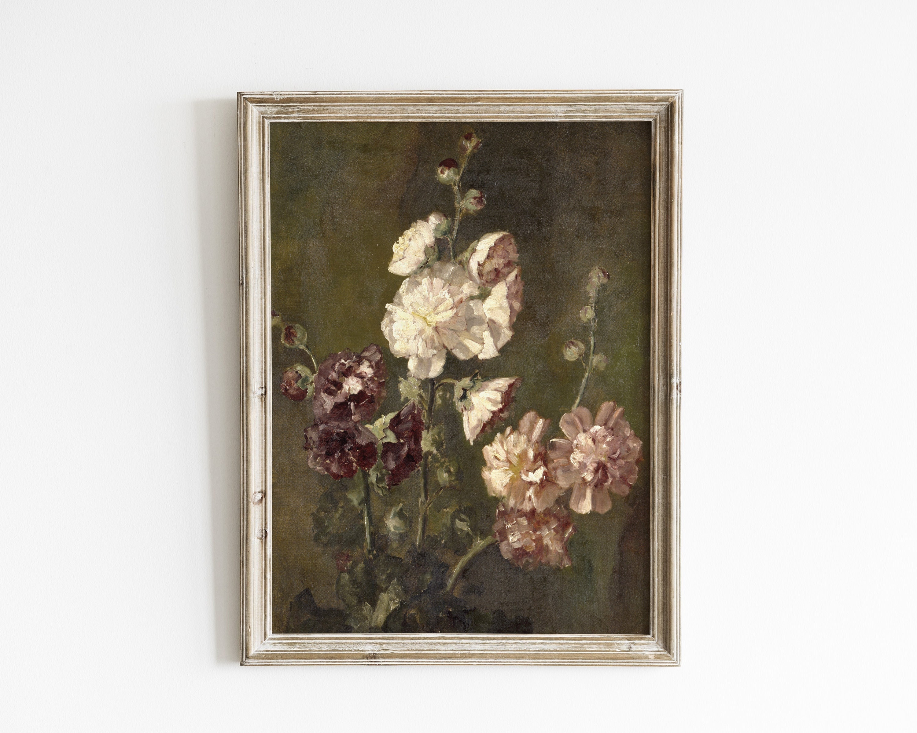 ヴィンテージ タチアオイの花の絵画：アンティーク フローラル アート