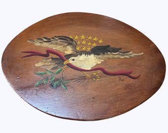 Vintage Handmade American Folk Art Wooden Plaque With  Painted American Eagle.