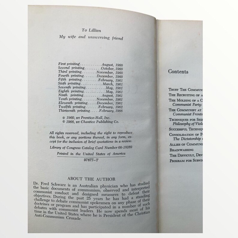 May include: Open book pages with text. The left page reads "To Lillian, My wife and unswerving friend" and lists printing dates. The right page shows a table of contents. The book is printed in the United States of America.