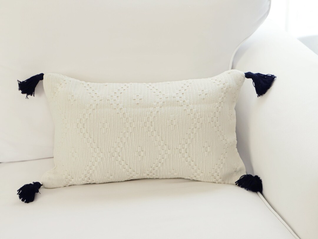 White Lumbar Pillow Cover With Tassels White Bohemian Lumbar Etsy