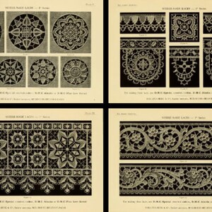 May include: A collection of four vintage instructional plates titled NEEDLE-MADE LACES, featuring black and white illustrations of intricate circular, square, and border lace patterns with text referencing D.M.C. crochet cotton and lace thread.