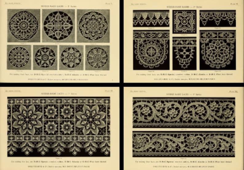 May include: A collection of four vintage instructional plates titled NEEDLE-MADE LACES, featuring black and white illustrations of intricate circular, square, and border lace patterns with text referencing D.M.C. crochet cotton and lace thread.