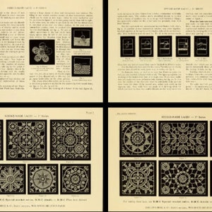May include: A four-page instructional guide titled Needle-Made Laces featuring detailed text, diagrams, and black-and-white illustrations of intricate lace patterns. The pages display step-by-step stitching techniques and various square lace designs.