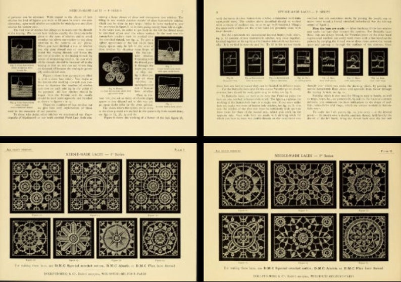 May include: A four-page instructional guide titled Needle-Made Laces featuring detailed text, diagrams, and black-and-white illustrations of intricate lace patterns. The pages display step-by-step stitching techniques and various square lace designs.