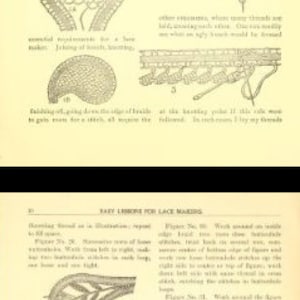K&ouml;nnte beinhalten: Eine Vintage-Buchseite mit Illustrationen und Text &uuml;ber die Herstellung von Spitze. Die Seite enth&auml;lt Anweisungen, wie man verschiedene Stiche und Muster herstellt, mit Diagrammen, die die beteiligten Schritte zeigen. Der Text behandelt das Pressen von Spitze, das Herstellen von Stichen und das Erstellen eines Spitzenmusters.
